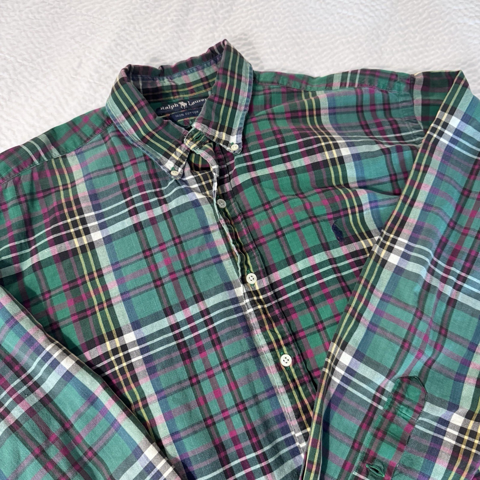 VTG Polo Ralph Lauren Shirt Men Large Red Green  Plaid Flannel Classic