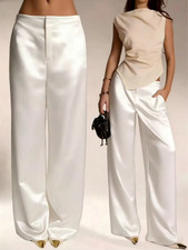 Women's High Waisted Satin Wide Leg Pants Elegant Office Casual Trousers