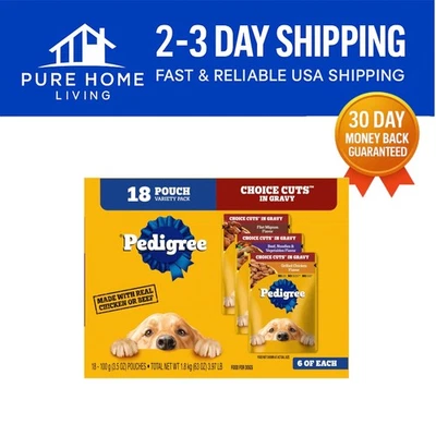 Nutritious Pedigree Choice Cuts Wet Dog Food Pack - 18 Pouch Variety for Adults