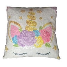 Decorative Reversible Sequins Unicorn Floral Pink Throw Pillow
