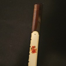 Vintage Folding Pocket Hair Comb Brown w/ White Handle Red Rose Floral Design