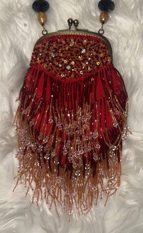 Bolso de noche vintage Caroline día cuentas flecos lentejuelas pedrería rojo nuevo Foto 3 de 4