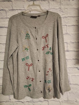 Christmas Cardigan Quacker Factory Gray Jersey Knit Appliques Size Large EUC 