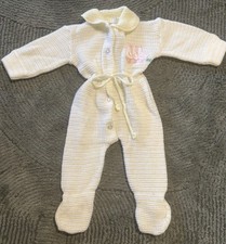 Vintage Hand Knit Yellow White Bodysuit Romper Embroidery Ducks Sz 6-12 Months