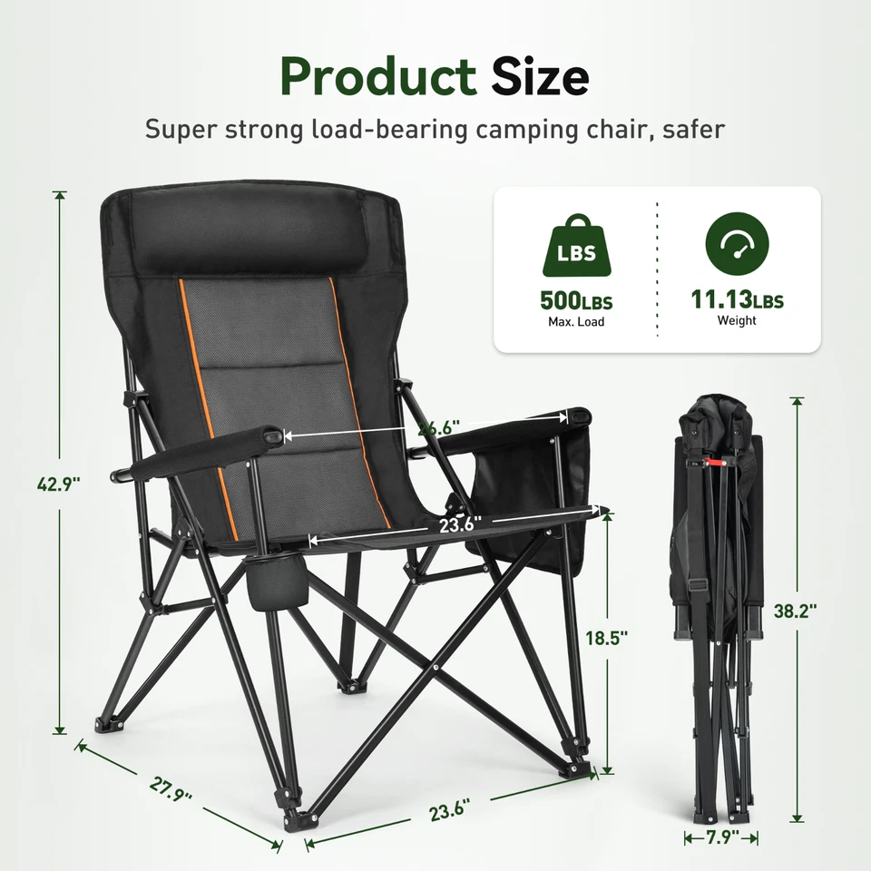 2PCS Camping Chair Oversized High Back Portable Chair Heavy Duty Support 500LBS - Image 2 of 4