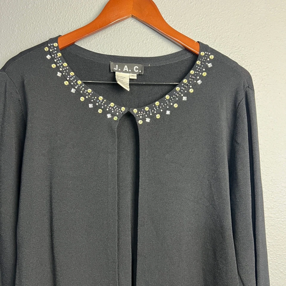 Vtg J.A.C. Black Embellished Cardigan XL Sequin Beaded Elegant Career Granny - Image 2 of 4