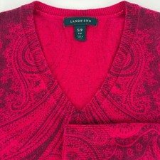 Lands End Cashmere Women's V Neck Paisley Print Sweater Magenta Pink Size S