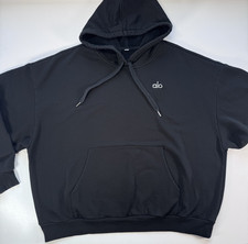 ALO Accolade Hoodie Pullover Boxy Oversized Womens Large Black Silver Logo