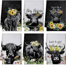 Boyiee Set of 6 Highland Cow Kitchen Towels 24 x 16 Inches, 