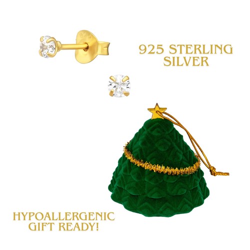 18ct Gold Plated Sterling Silver CZ Stud Earrings with Christmas Novelty Box