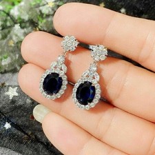 3Ct Oval Cut Lab-Created Blue Sapphire Halo Dangle Earrings 925 Sterling Silver