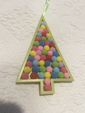 Hobby Lobby Wood Christmas Tree Ornament With Colorful Pom Poms 6x3.5