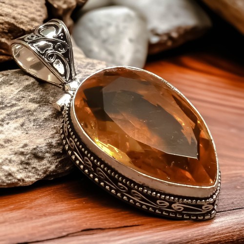 Pendentif en argent sterling massif 925 véritable avec citrine dorée 25 mm - France