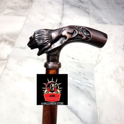 Victorian Antique Lion Head Derby Handle Vintage Brown Wooden Walking Stick Cane - Picture 2 of 4