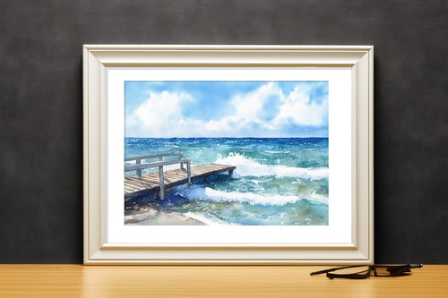 Peaceful Sea Pier Painting 5"x7" Print on Matte Paper Waves Shore Sky Water - Picture 9 of 17
