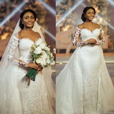 Plus Size Ivory Mermaid Wedding Dress Lace Beaded Detachable Train Bridal Gowns