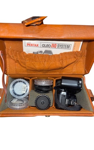 Mini fotocamera reflex vintage Asahi Pentax 110 pellicola con obiettivo, accessori e custodia SUPERB