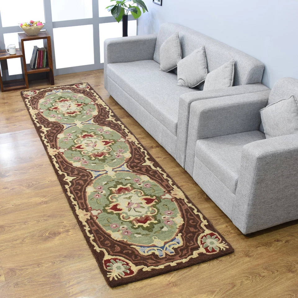 Alfombra geométrica estilo victoriano Aubusson verde lana acolchada a mano todas las tallas Foto 2 de 4