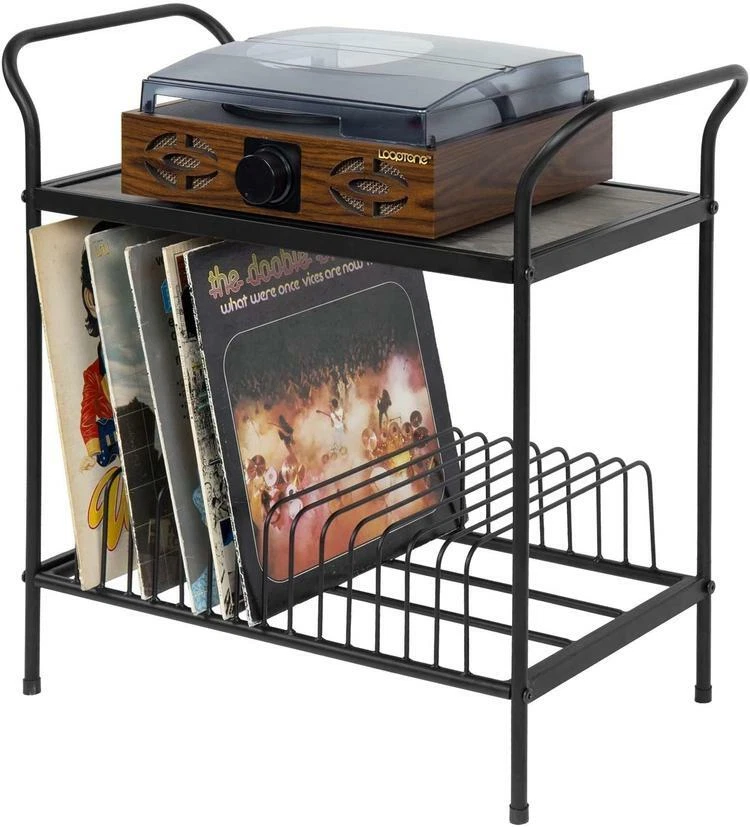 Gray Wood & Black Metal Turntable Record Player Stand with 14 Slot Vinyl Storage - Image 4 of 4