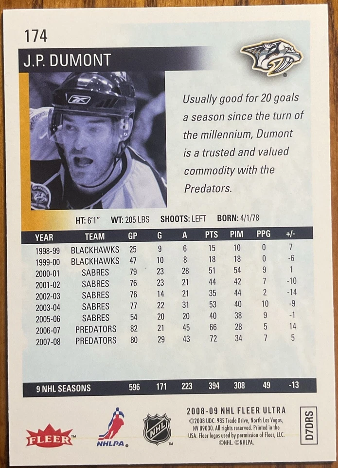 2008-09 Fleer Ultra Gold Medallion J.P. Dumont #174 Nashville Predators - Image 2 of 2