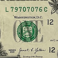 Alternator 7s Fancy Serial Number 2021 One Dollar Bill L79707076C FW Print