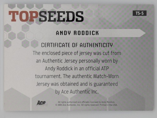 2006 Ace Authentic Grand Slam Top Seeds Swatches - Andy Roddick #TS-5 (MEM) - Picture 2 of 2