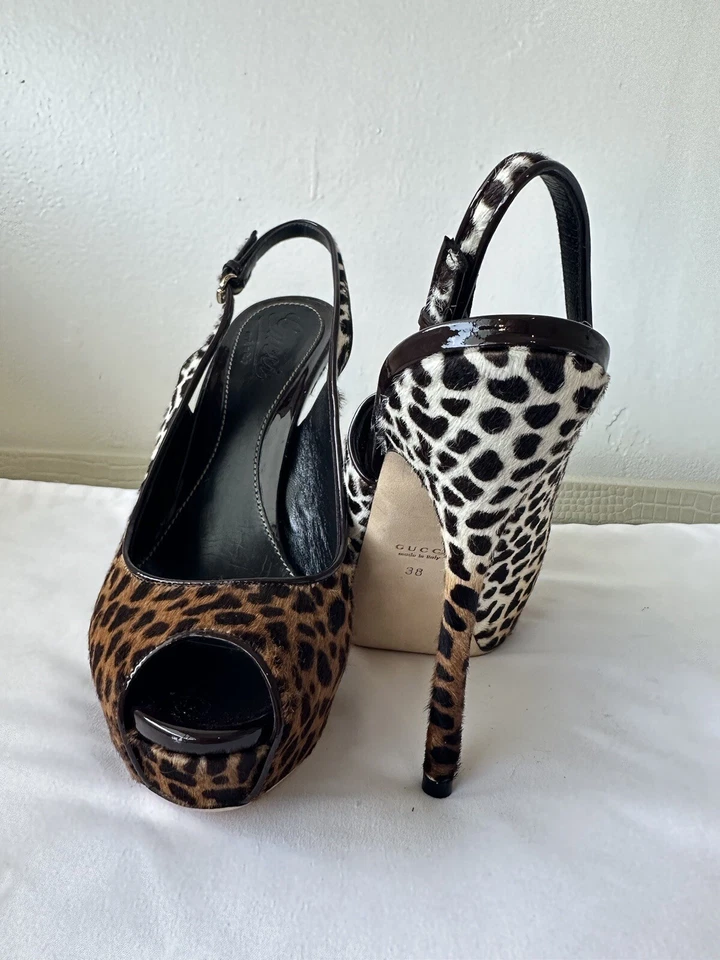 Gucci София платформе икры волос леопард печать с открытым носком слинга насосы размер 38 - Изображение 3 из 4