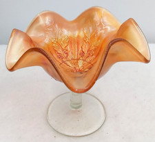 Fenton Marigold Carnival Glass Candy Dish Compote Bowl Berries Leaves Clear Stem
