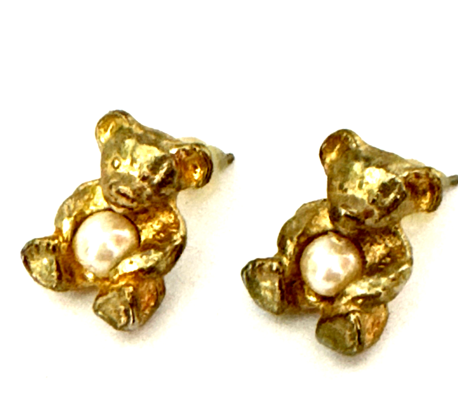 Gold Vermeil Teddy Bear Stud Earrings with Textured Pearl Belly Vintage Rare 1/2 Inch