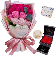 EIGHTOWN Roses Bouquet Artificial Flower - Preserved Red Flowers with Hotpink 