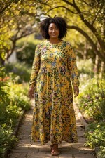 Annah Hariri Yellow Floral Maxi Dress Plus Size 16 Long Sleeve Plaid Sundress 