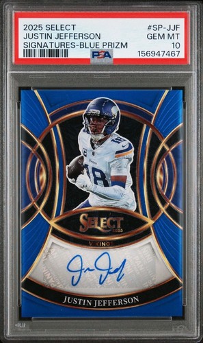 2025 PANINI SELECT SIGNATURES SP-JJF JUSTIN JEFFERSON BLUE PRIZM /149 PSA 10