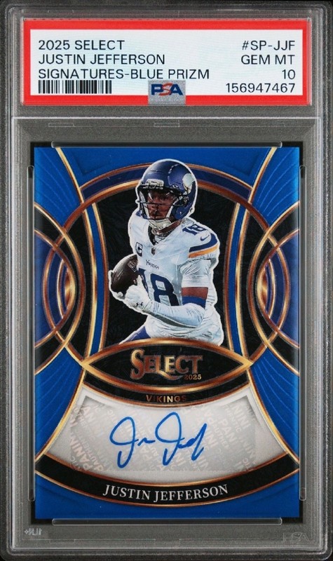 2025 PANINI SELECT SIGNATURES SP-JJF JUSTIN JEFFERSON BLUE PRIZM /149 PSA 10
