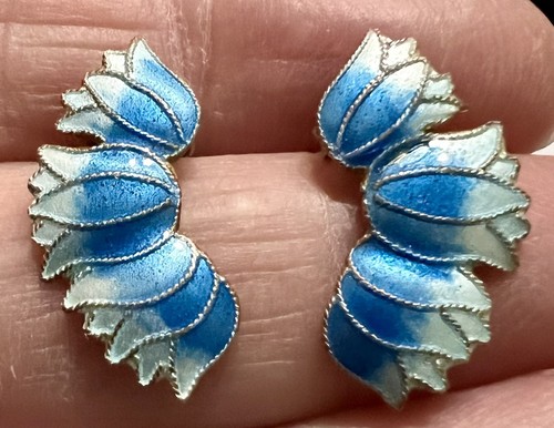 CHINESE SILVER Blue Water Lily GOLD WASH STERLING ENAMEL Post EARRINGS Vintage - Bild 4 von 18
