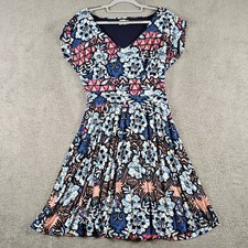 Meadow Rue Anthropologie Floral Geometric Fit Flare Dress Blue Pink Medium