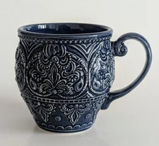 Pier 1 Chateau Clair Indigo Blue Embossed Ceramic Pottery Mug NEW