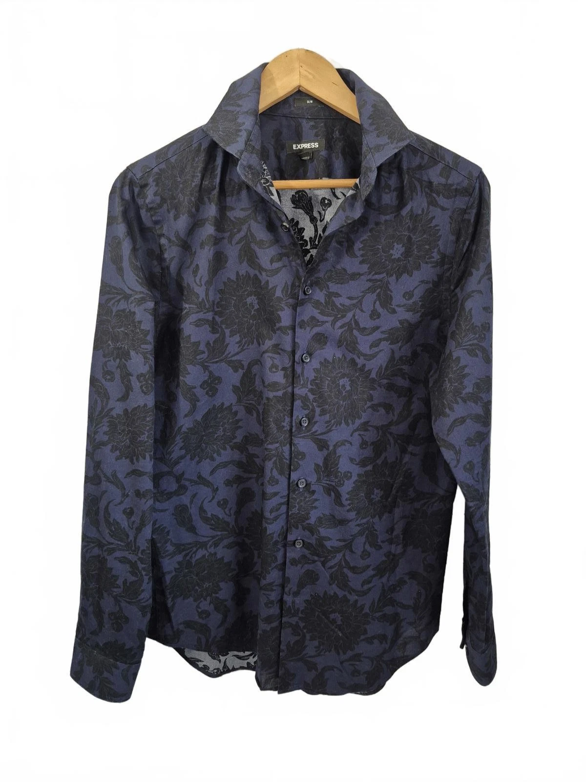 Express Mens Navy Black Floral Motif Print Button Front Shirt Long Sleeve Dressy