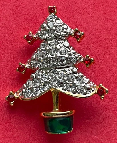 VINTAGE CHRISTMAS TREE PIN BROOCH CAROLEE RARE BOOK PIECE RHINESTONES ENAMEL HTF