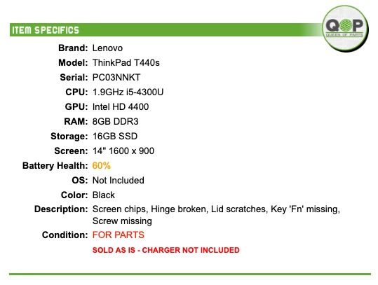 FOR PARTS: Lenovo ThinkPad T440s - 14" HD, 1.9GHz i5, 8GB DDR3 RAM, 16GB SSD - Image 2 of 4