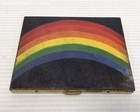 Vintage Rainbow on Black Enameled Brass Tone Metal Push Button Cigarette Case