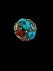 Vintage Native American Sterling Silver Double Turquoise & Coral  Mens Ring 10.5