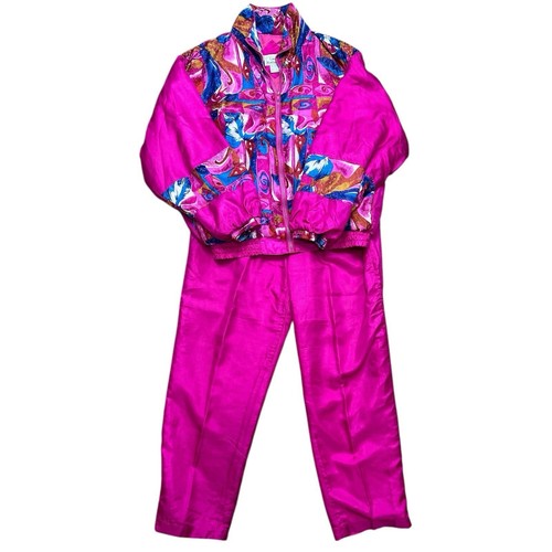 90's Vintage Bright Pink Geometric Silk Track Suit Jacket Pants Set Large Retro - Picture 2 of 10