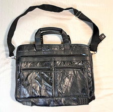 Black Leather 15 in Laptop Messenger Bag Padded Shoulder Strap Zip-Around