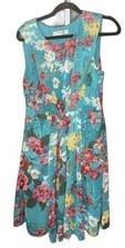 Evan Picone Dress Floral Teal Pockets Gathered Waist Size 14 Lined Side Zip