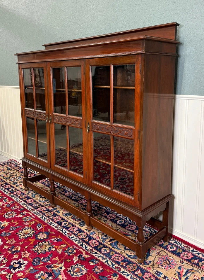 Antique English Jacobean Bookcase Bookshelf Cabinet Wavy 3 Door Glass Mahogany - Image 4 of 4