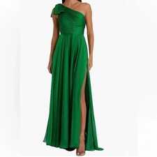 Mac Duggal Emerald Green Pleated One Shoulder Chiffon Gown Size 14 398