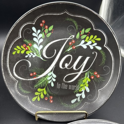 Set Of 4 PIER 1 Happy Holiday Christmas Dessert Salad 8” Plates Joy Peace Noel - Picture 3 of 7