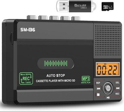 Small Cassette Tape Player, USB C or SD Card Audio Cassette to MP3 Digital Co...