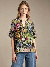 NWOT Johnny Was Linen Embroidered Floral Front Tie Shirt Blouse Size S