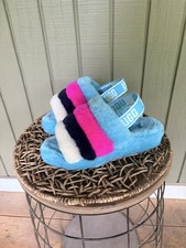 New UGG Fluff Yeah Slide Clear Water Multi Striped Sandals Slippers Women's 7 NW